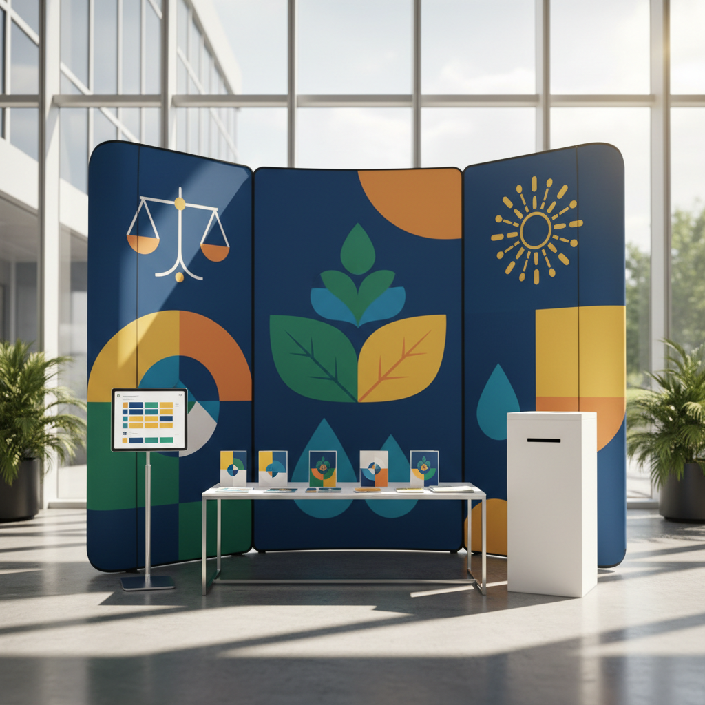 A polished, portable pop-up display for a nonprofit campaign set up in a bright community atrium, featuring bold, abstract shapes and iconography suggesting equity, environment, and education, but no readable text or faces. In front, a small table holds neatly arranged, unbranded information packets, a tablet on a stand showing an abstract social media feed made of colored blocks, and a simple donation box. Sunlight pours in from tall glass windows, creating a vibrant yet professional atmosphere, with gentle reflections on the floor. Photographic realism, captured from a slightly low, wide-angle perspective to emphasize presence and impact, symbolizing public relations and outreach work managed by a strategic communications firm.