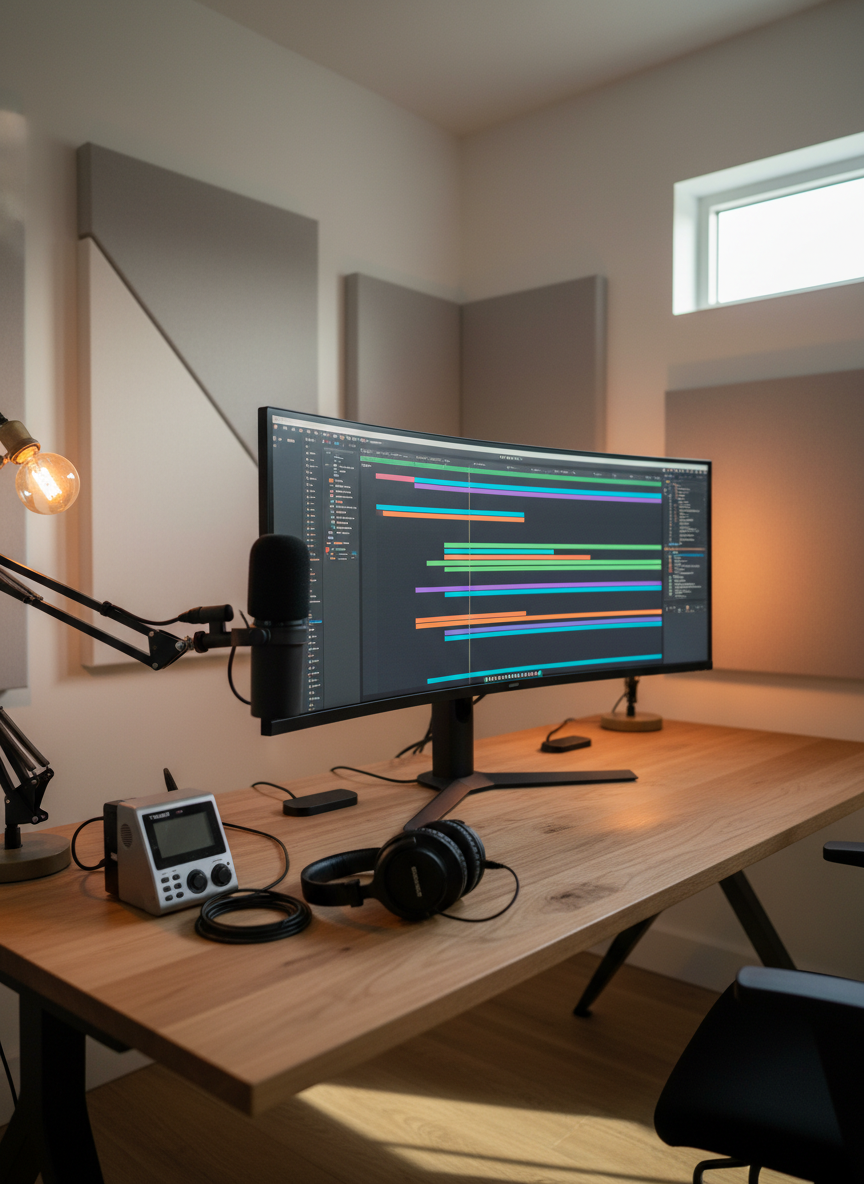 A minimalist media workstation in a nonprofit storytelling studio, featuring a large, ultrawide monitor displaying an abstract video editing timeline made of colored bars and icons without legible text or faces. Around it, a simple audio recorder, studio microphone on a boom arm, and closed-back headphones rest on a natural wood desk. The room has matte white walls and acoustic panels, with warm practical lamps and a small window letting in late-day light. Photographic realism with a focused, purposeful mood. Shot from a three-quarter angle at desk height, with a moderate depth of field that keeps the equipment sharp while the background softens, conveying professional, mission-driven media production without showing any people.