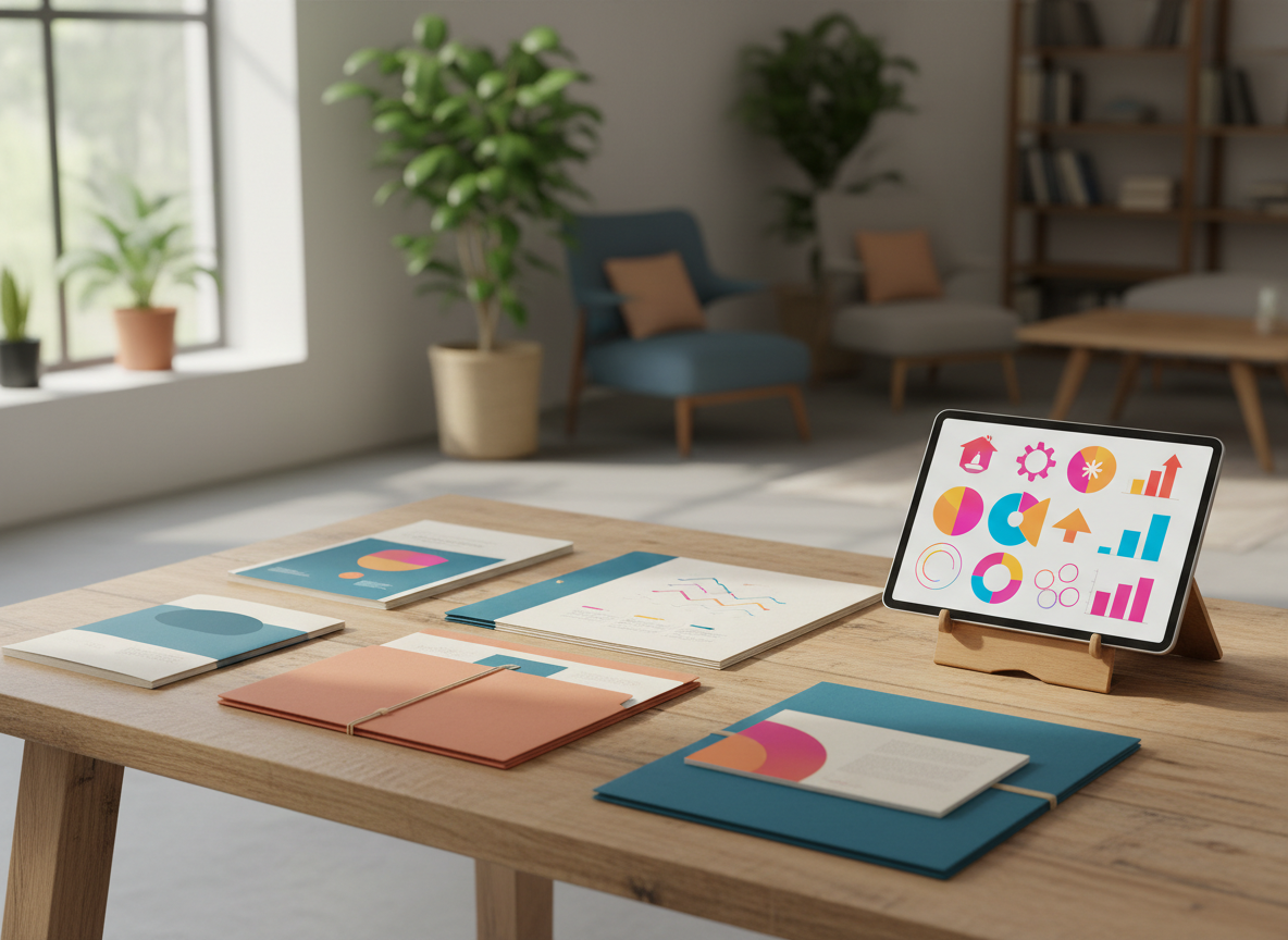 An elegantly arranged wooden table in a welcoming nonprofit community space, covered with neatly stacked, text-free print materials: minimalist brochures, one-page reports, and folders in muted blues and warm earth tones. Beside them, a sleek tablet displays an abstract, colorful dashboard of campaign performance using only shapes and icons. Soft overcast light from a nearby window creates gentle, even illumination and subtle reflections on the tablet screen. Photographic realism, with a calm, confident atmosphere. Captured from a slightly elevated angle with the materials in the foreground and the open room softly blurred behind, suggesting comprehensive PR, marketing, and communications support without showing any people or specific branding.