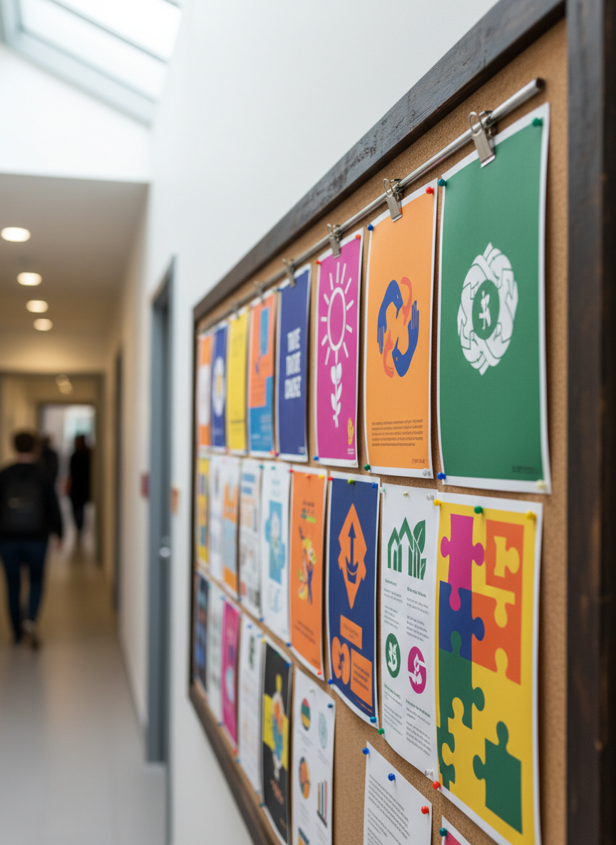 A close-up of a large, vertical bulletin board in a nonprofit community hallway, covered with thoughtfully arranged, text-free posters and flyers that use bold color blocks, simple icons, and abstract illustrations to suggest social impact campaigns. A slim metal clip rail holds the pieces aligned, with a few colorful pushpins adding texture. Diffused daylight from a skylight above gives soft, natural lighting, minimizing harsh shadows. Photographic realism with a polished yet authentic mood. Shot at a slight angle along the board’s length, using a shallow depth of field so the nearest posters are crisp while the others recede into a gentle blur, evoking the idea of organized, mission-aligned messaging over time.